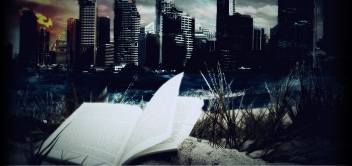 Couverture du livre où un homme sauve son fils. Le vent tourne les pages d'un livre abandonné sur le sable devant une ville en flammes dans la nuit